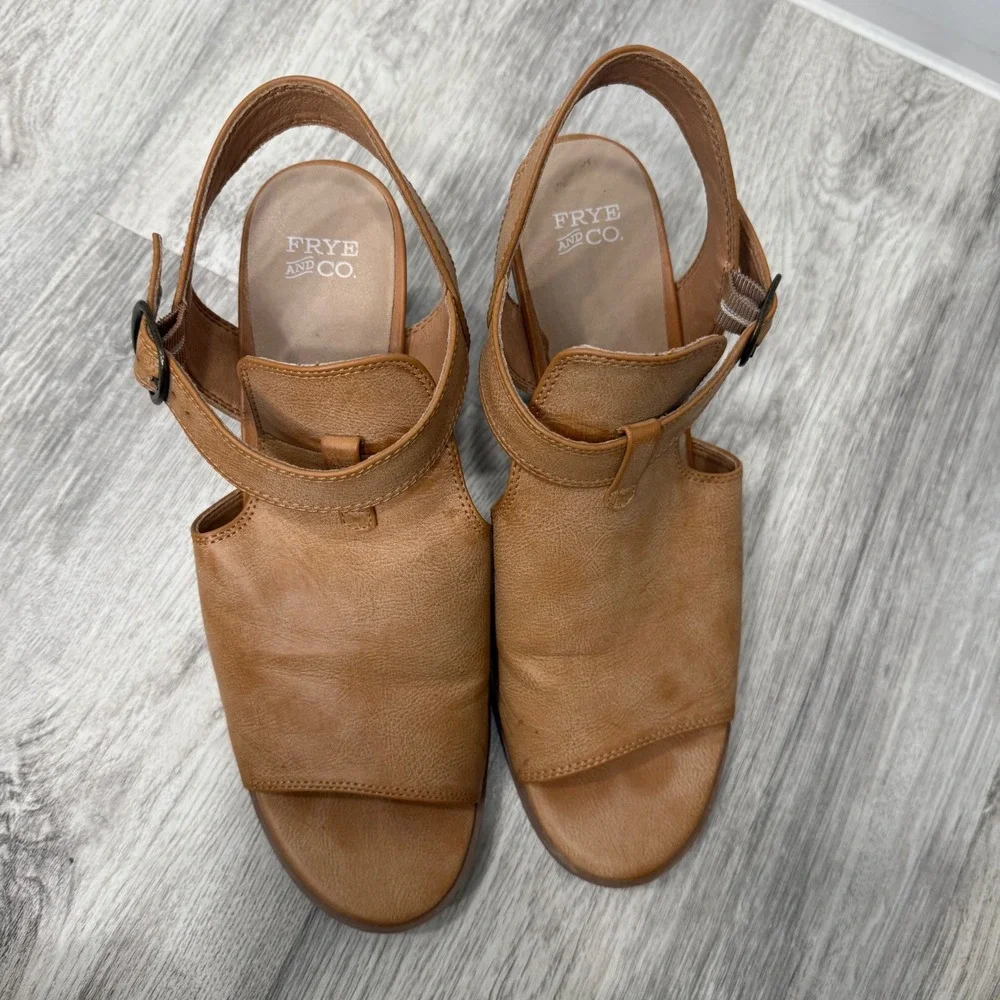 Frye and Co Gaia Ankle‎ Strap Sandals, Open Toe, Tan Brown, Block Heel, Women's